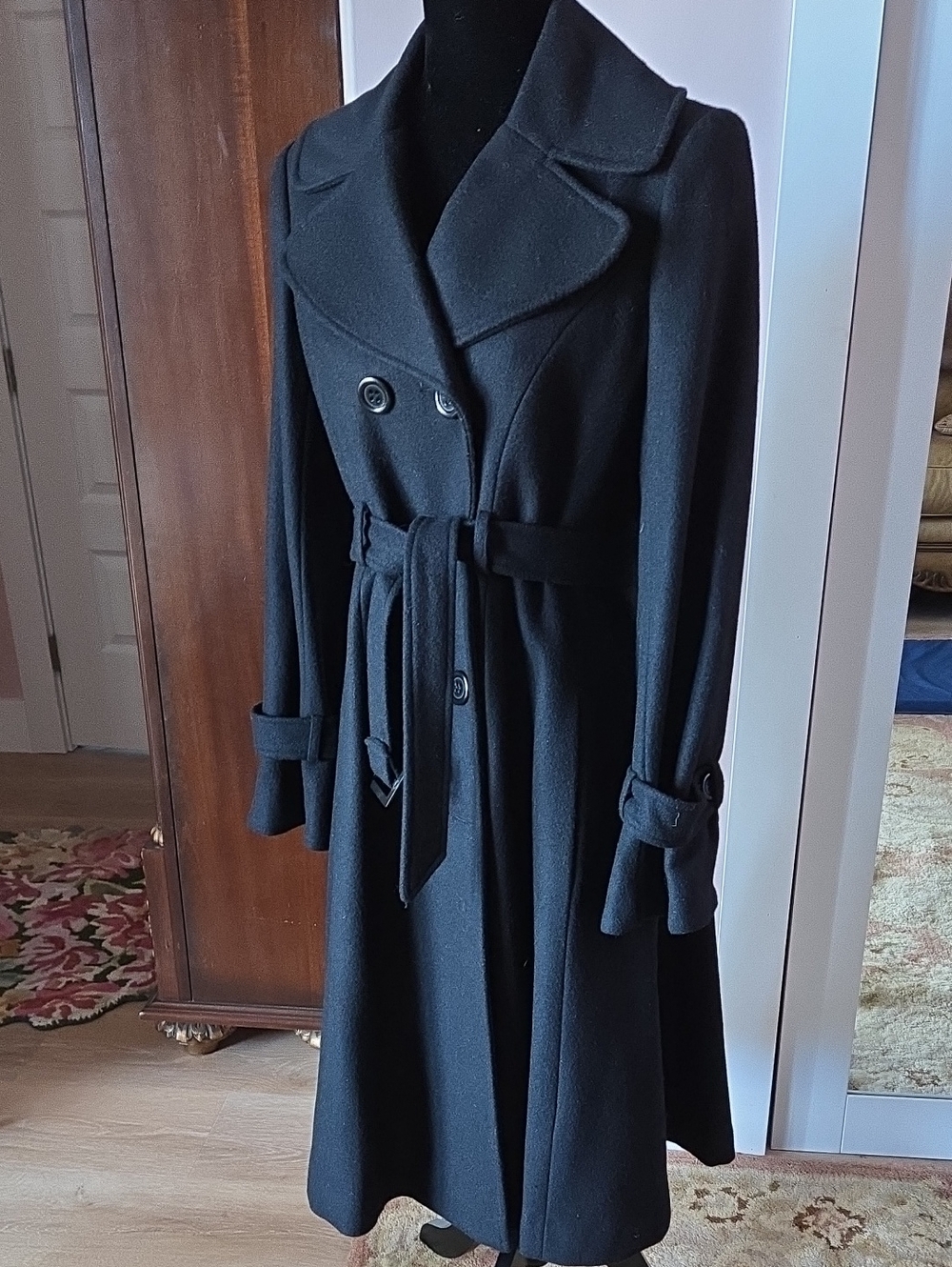 Via Classic Black Wool Tie-Waist Women's Coat Dress Small